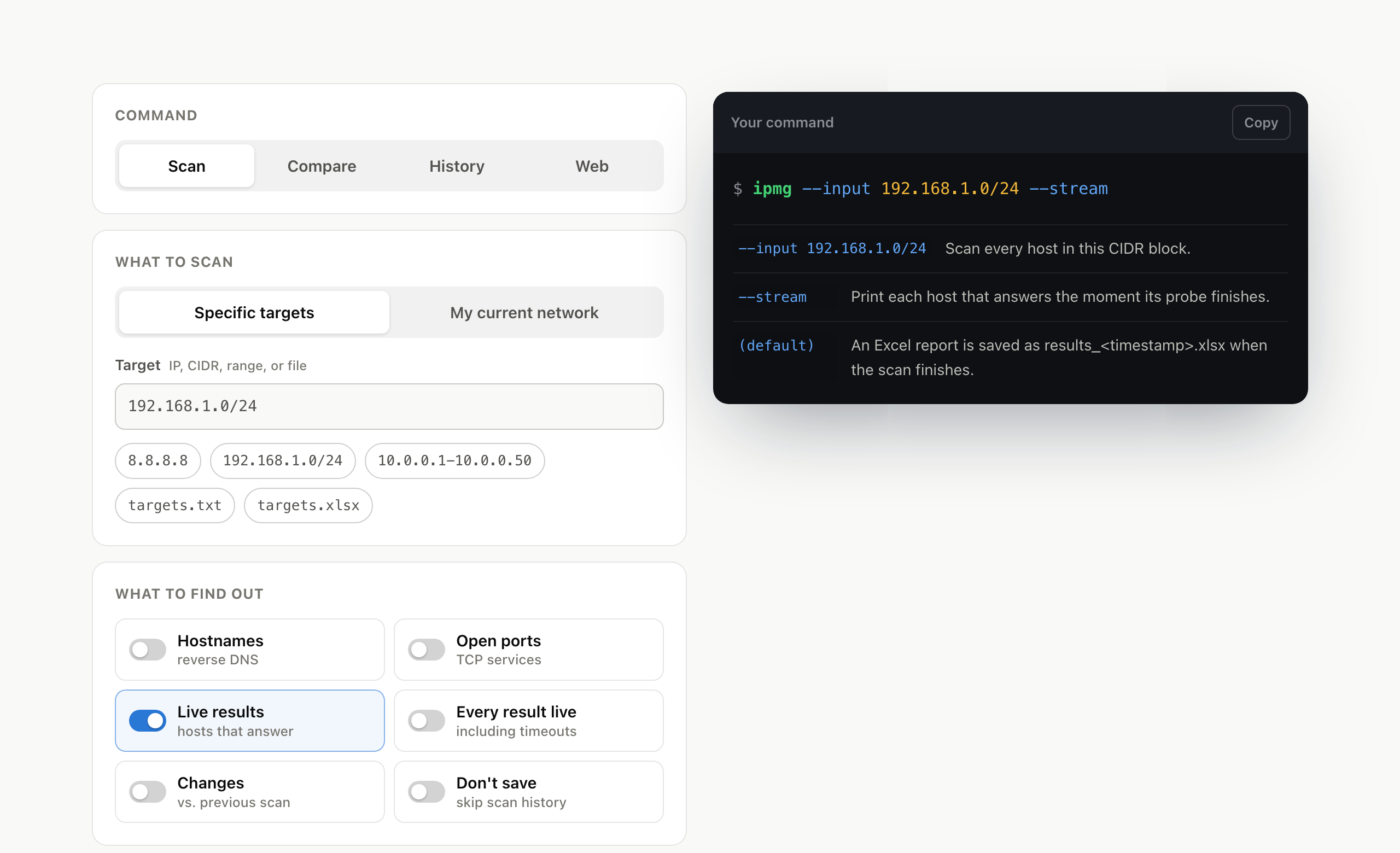 IPMG command builder: choose Scan, Compare, History, or Web, enter a target such as 192.168.1.0/24, switch on options like live results or hostnames, and copy the generated ipmg command with each flag explained