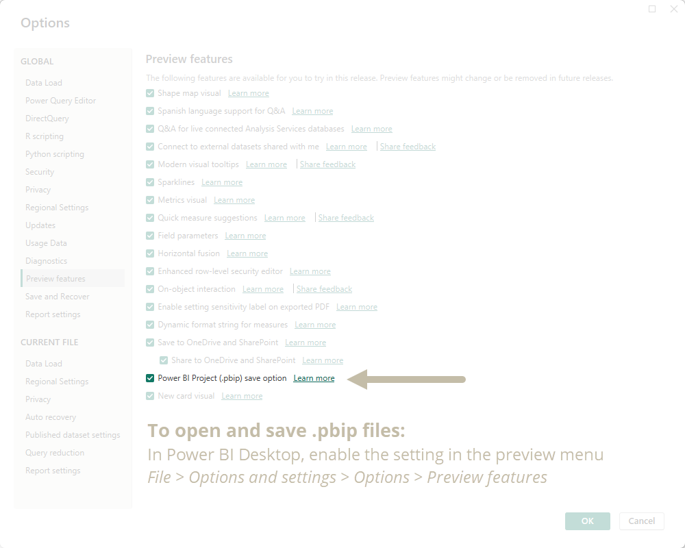 An image depicting how to enable .pbip format in Power BI Desktop