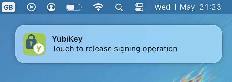 Screenshot of a notification using terminal-notifier masquerading as Yubico Authenticator