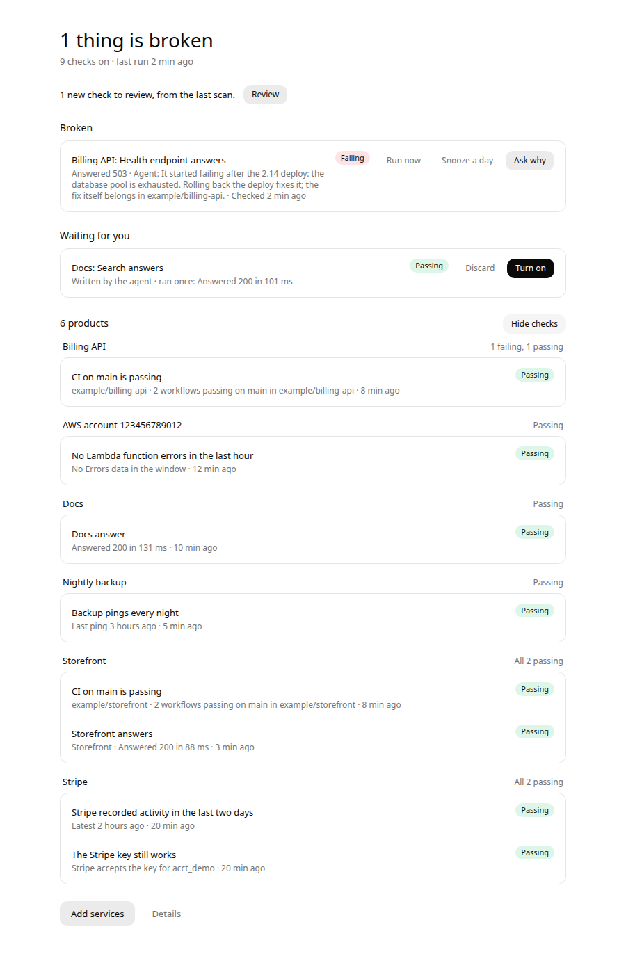 The products expanded, each listing its checks with their latest result