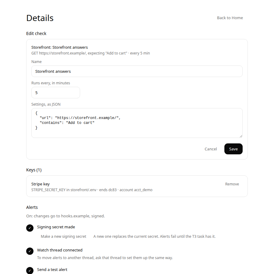 Details with the edit form open: name, how often it runs, and its settings as JSON