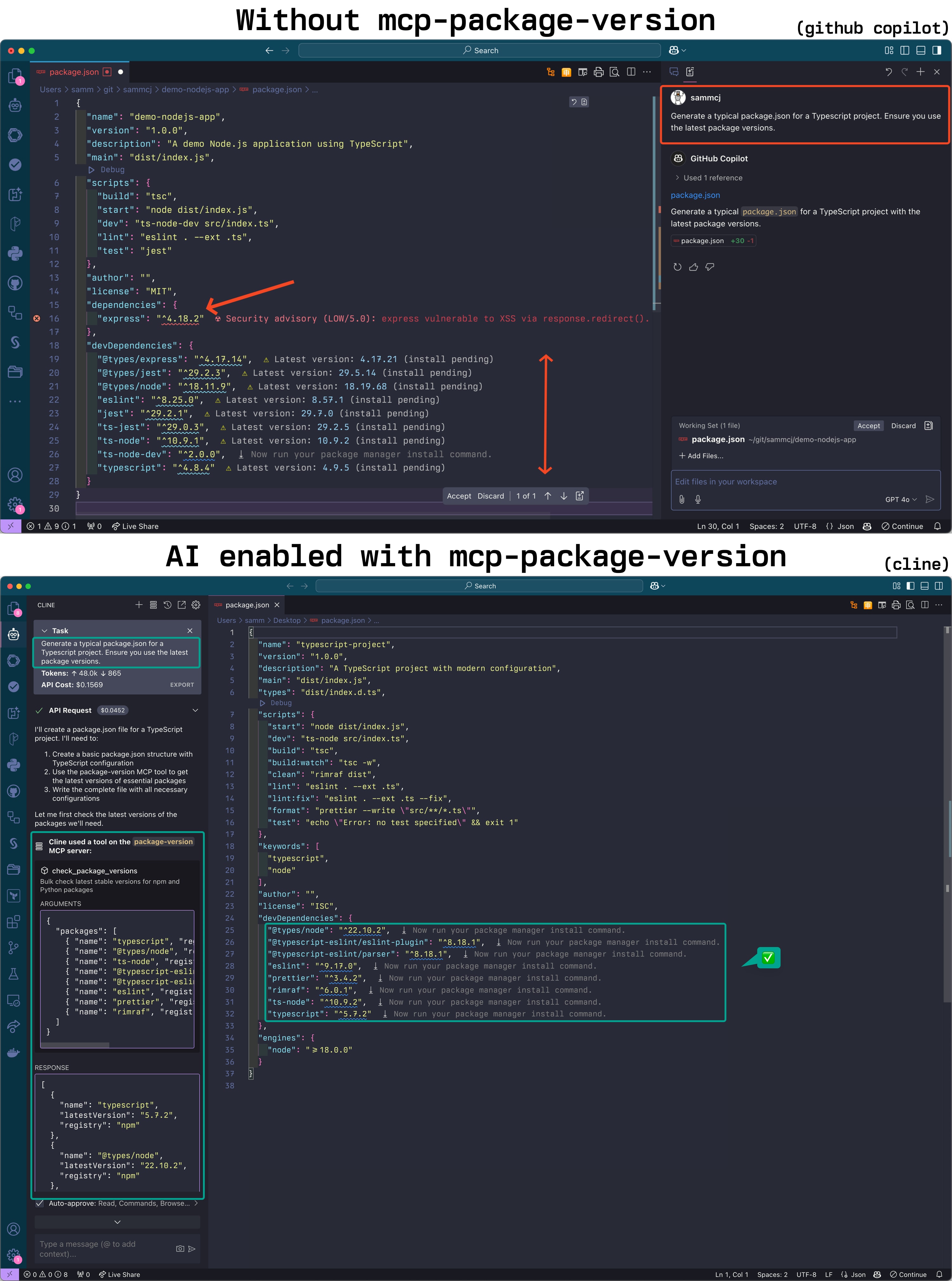 tooling with and without mcp-package-version