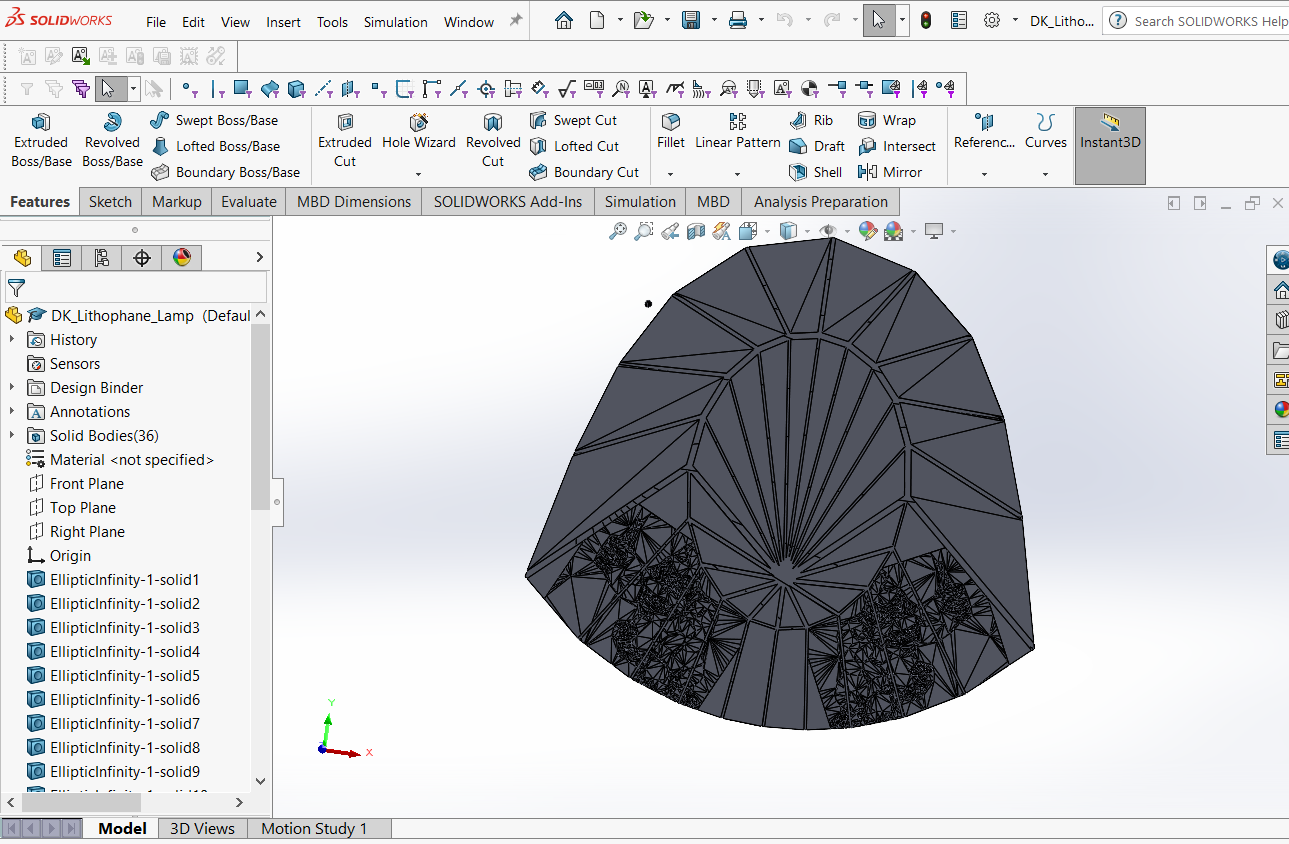 Editing a dense mesh in SolidWorks for the folding lamp