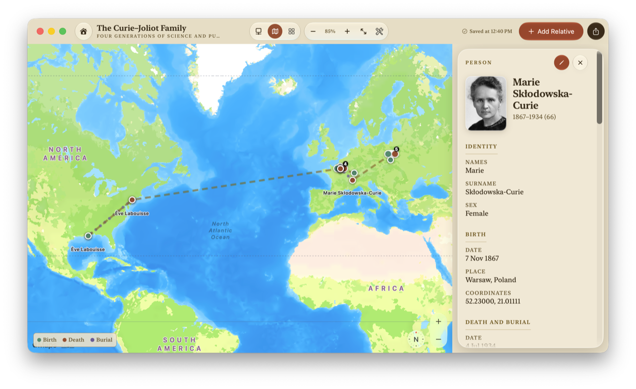 Birth, death and burial places on the map