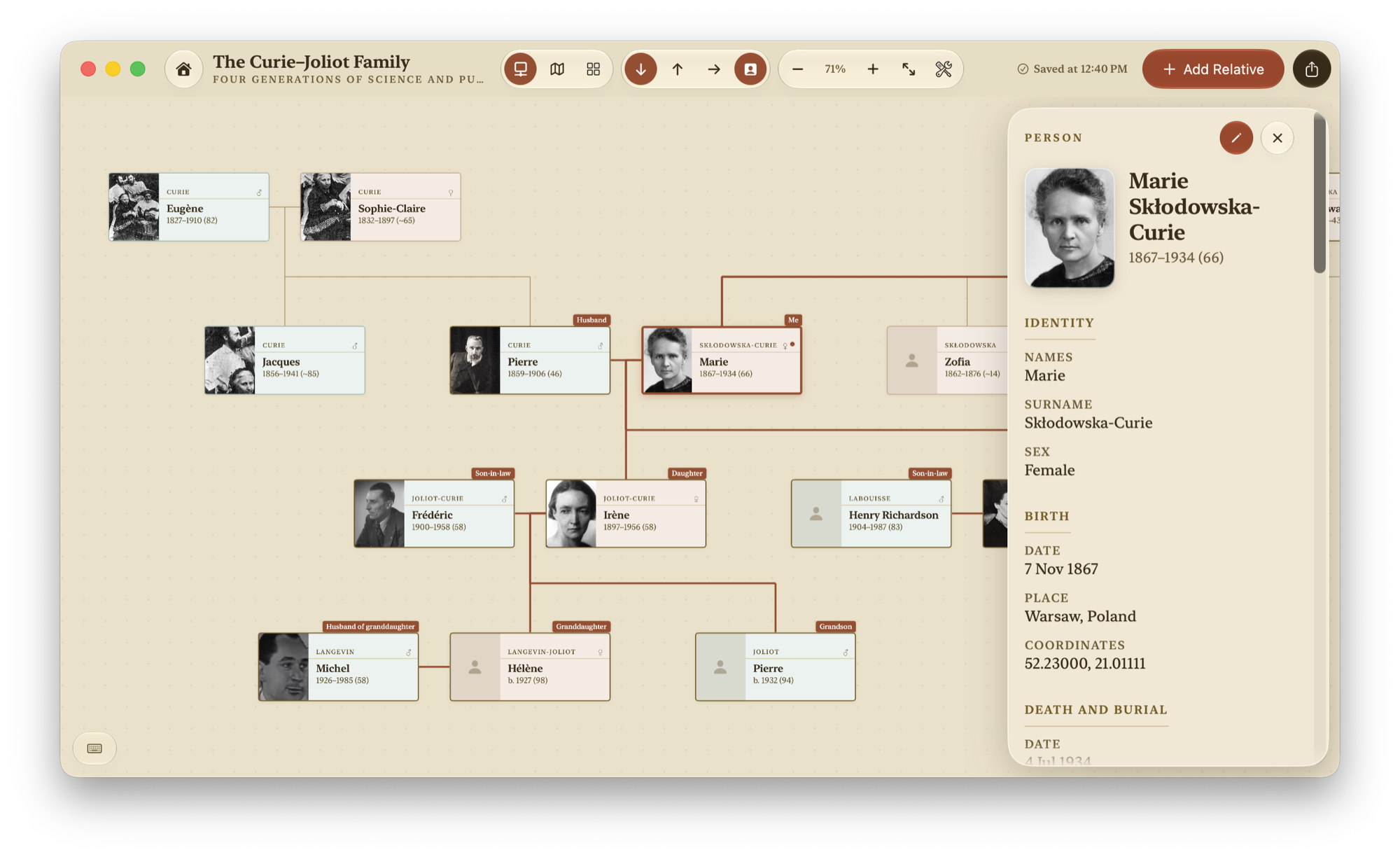 A tree with every card labelled by its relationship to Marie Skłodowska-Curie