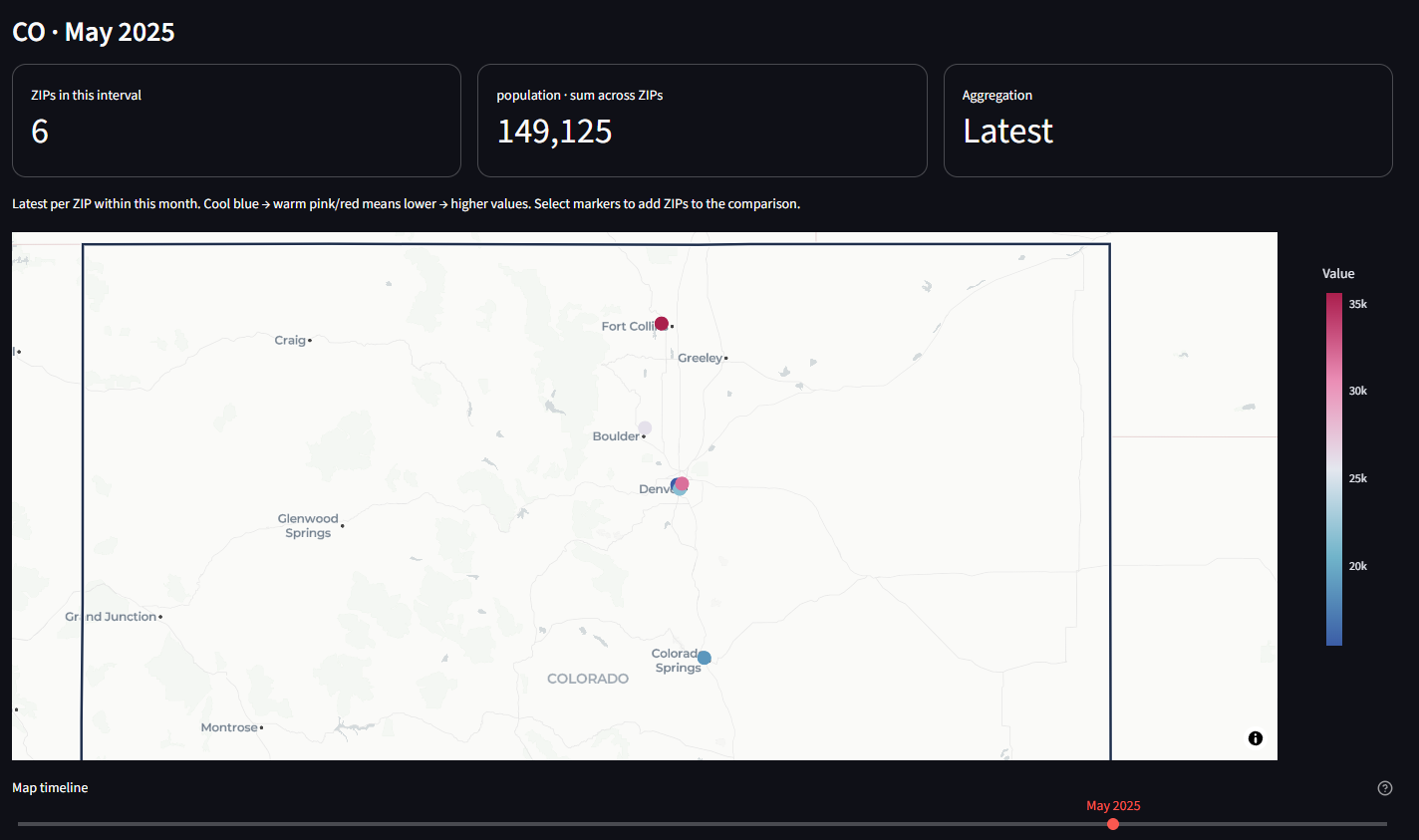 ZIPtrend dashboard showing Colorado ZIP markers, population summary metrics, and the monthly map timeline in dark mode