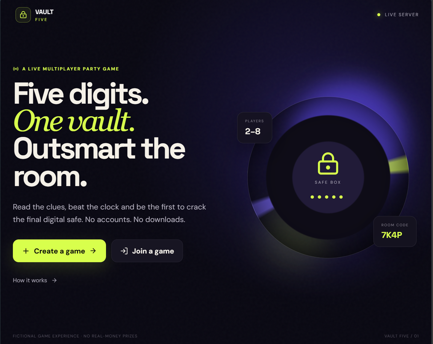 VAULT FIVE multiplayer game landing page