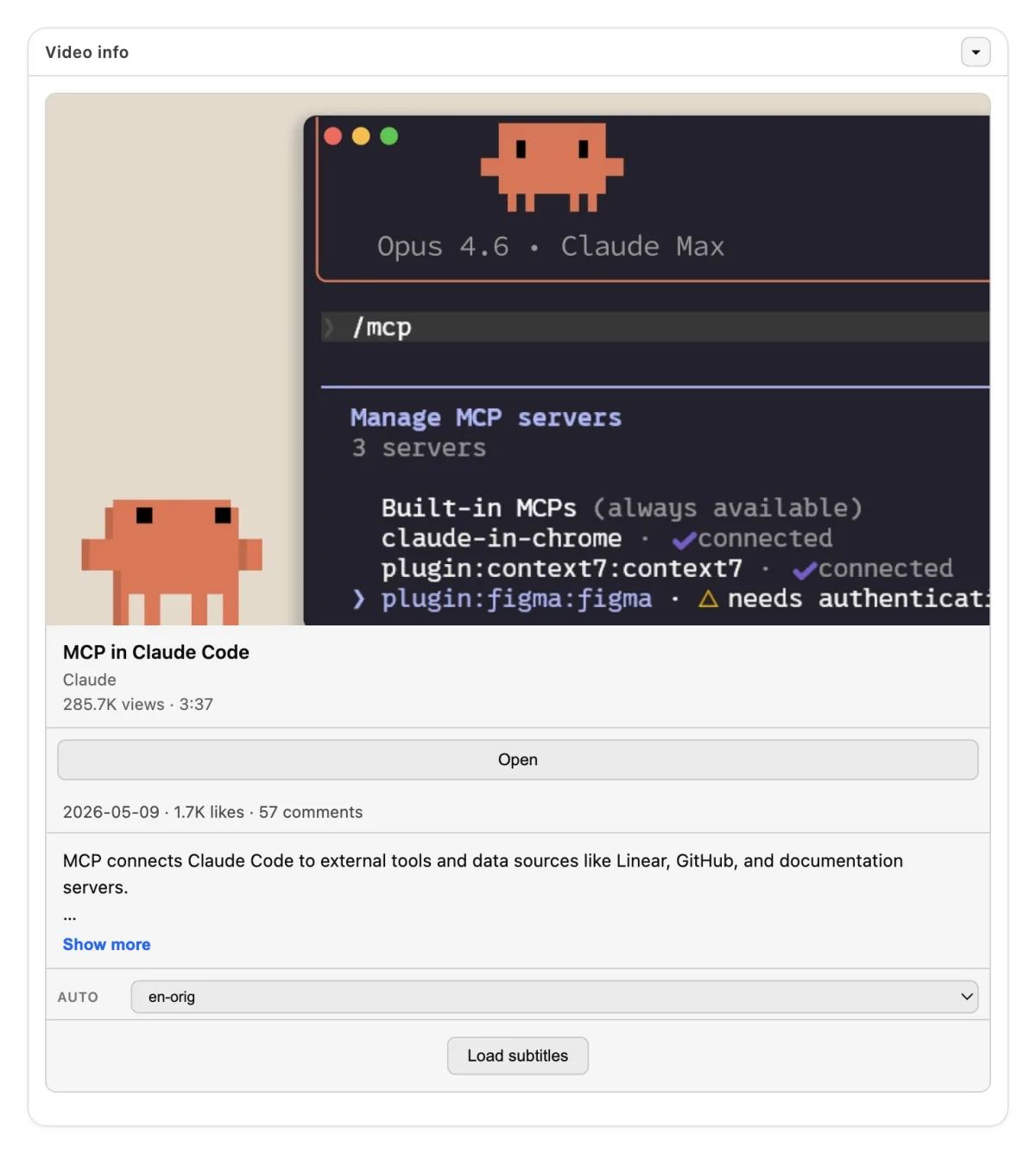 The get_video_info widget: thumbnail, channel, views, likes, description, and a subtitle language picker