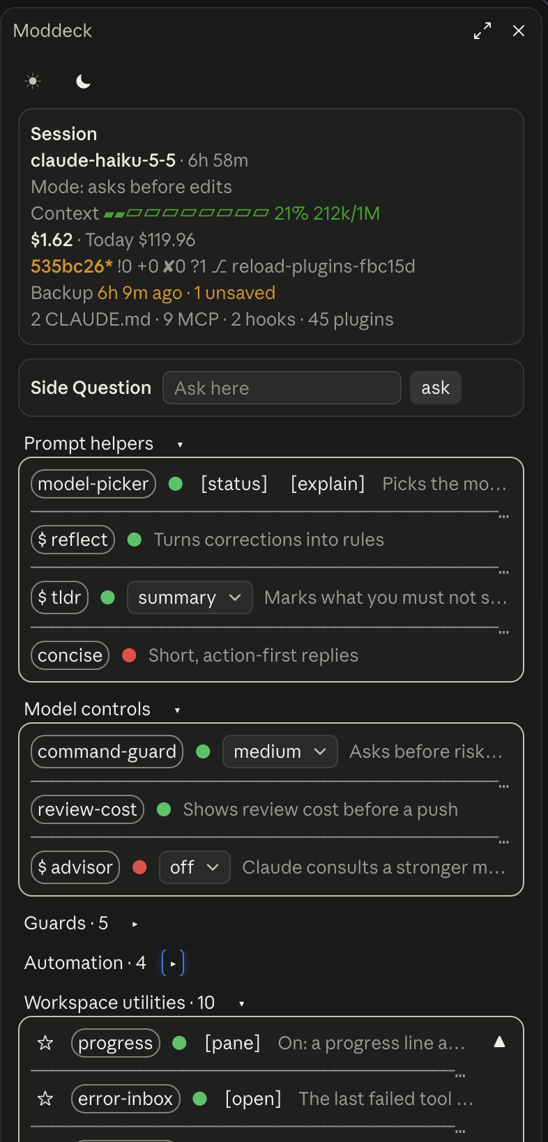 The side bar in the desktop app: Session box, Side Question, and the Prompt helpers and Model controls cards