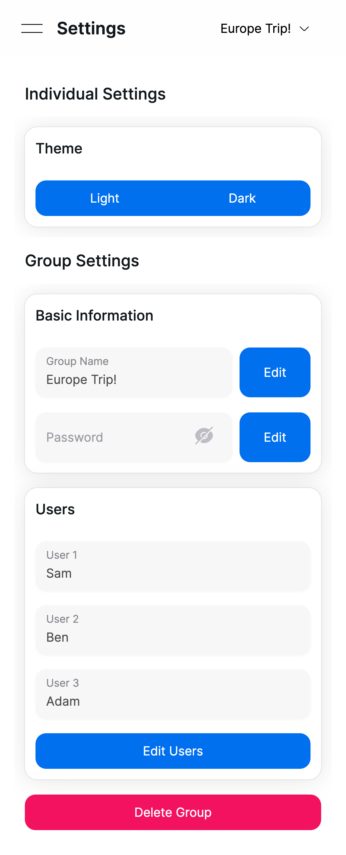 settings page