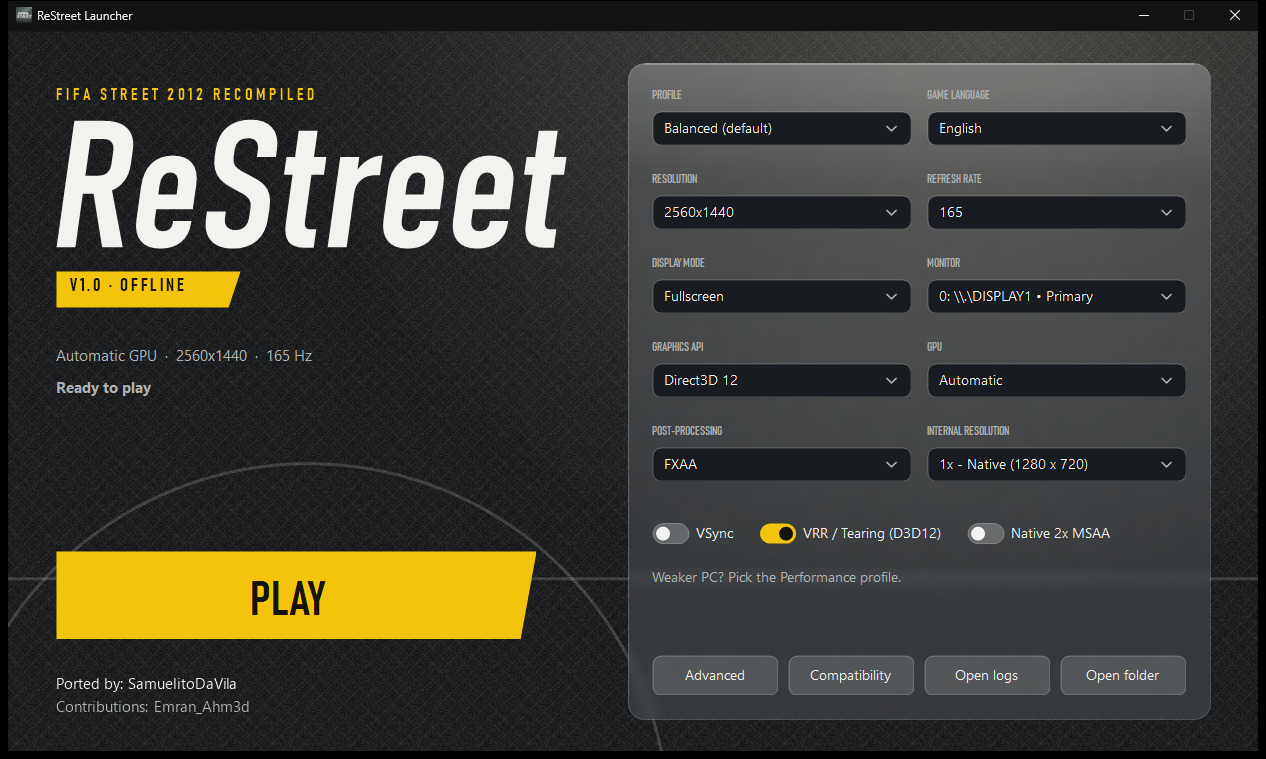Launcher oficial do ReStreet com configurações para executar FIFA Street 2012 no PC
