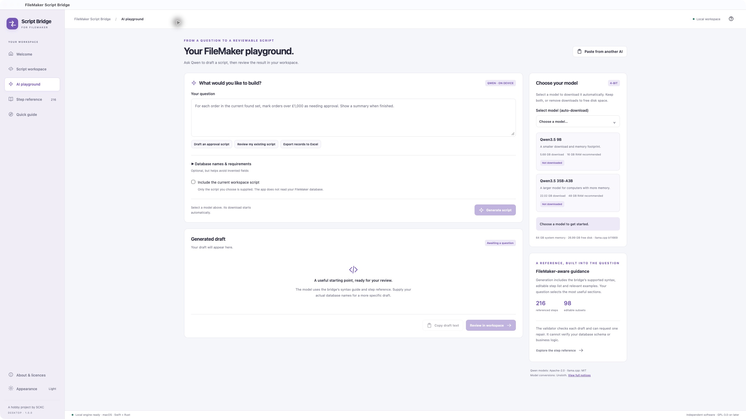 Complete AI playground, model choices and built-in FileMaker guidance