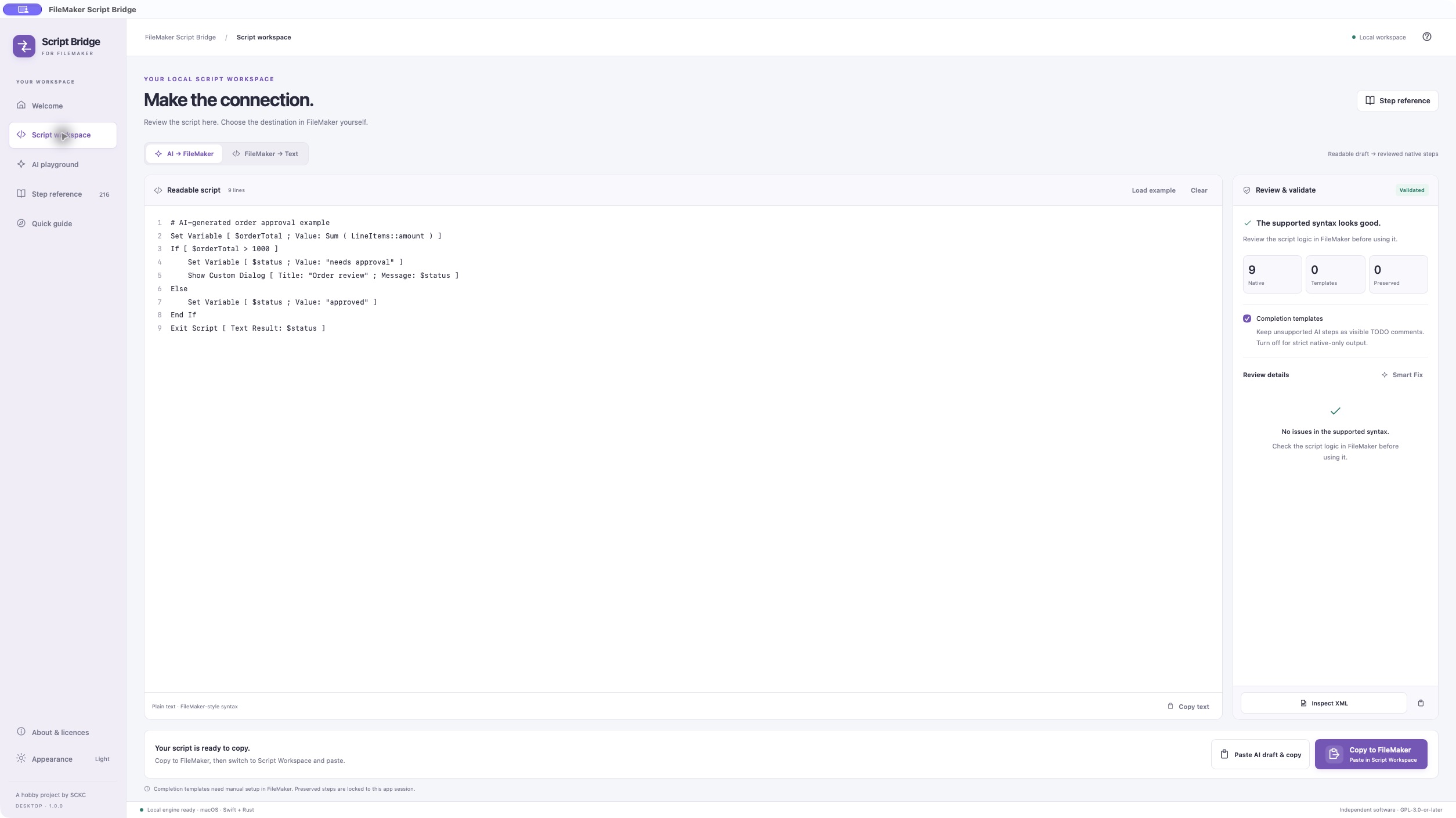 Complete script workspace with validation and native clipboard actions