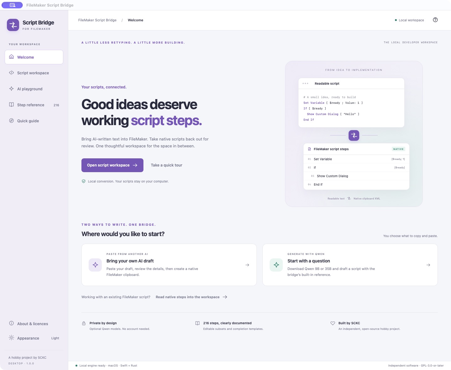 FileMaker Script Bridge 1.0.0 — the complete redesigned welcome screen