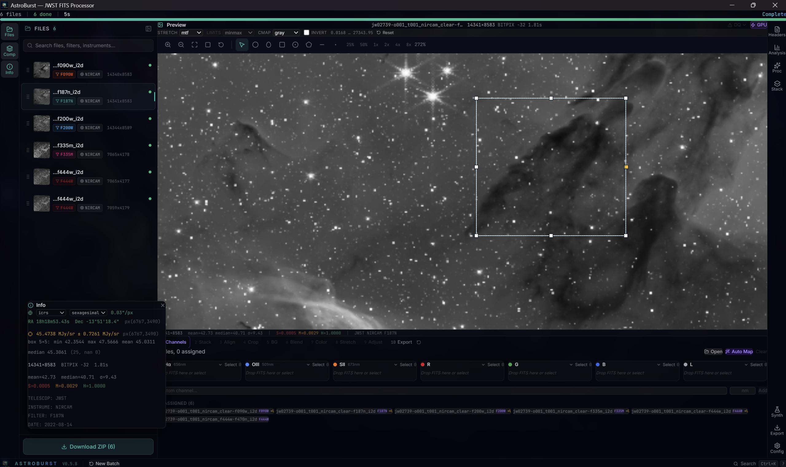 A box region on a JWST NIRCam mosaic with the display controls bar and the pixel readout panel