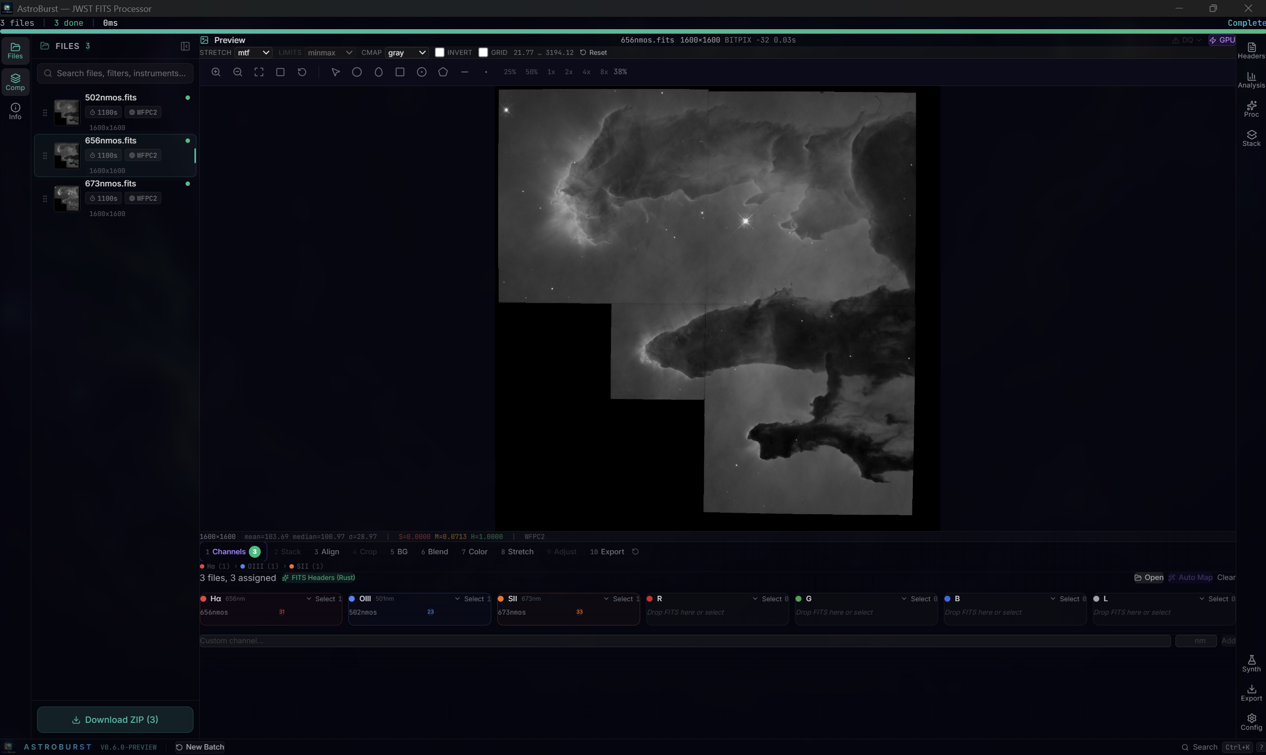 The channel step of the compose wizard with three narrowband frames mapped to Ha, OIII and SII from their FITS headers