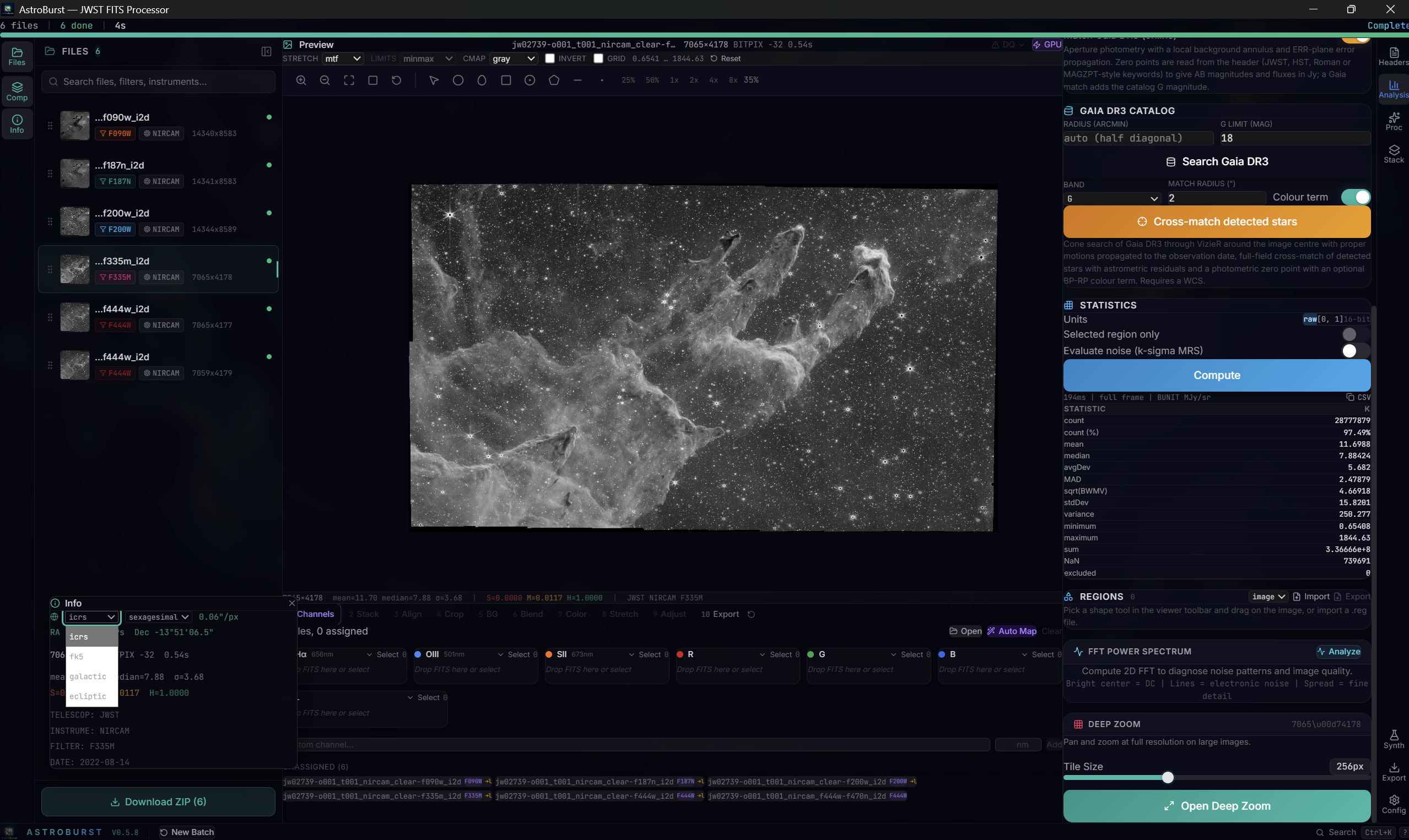 The Analysis tab with the Gaia DR3 catalog panel, the exact statistics table and the coordinate frame selector