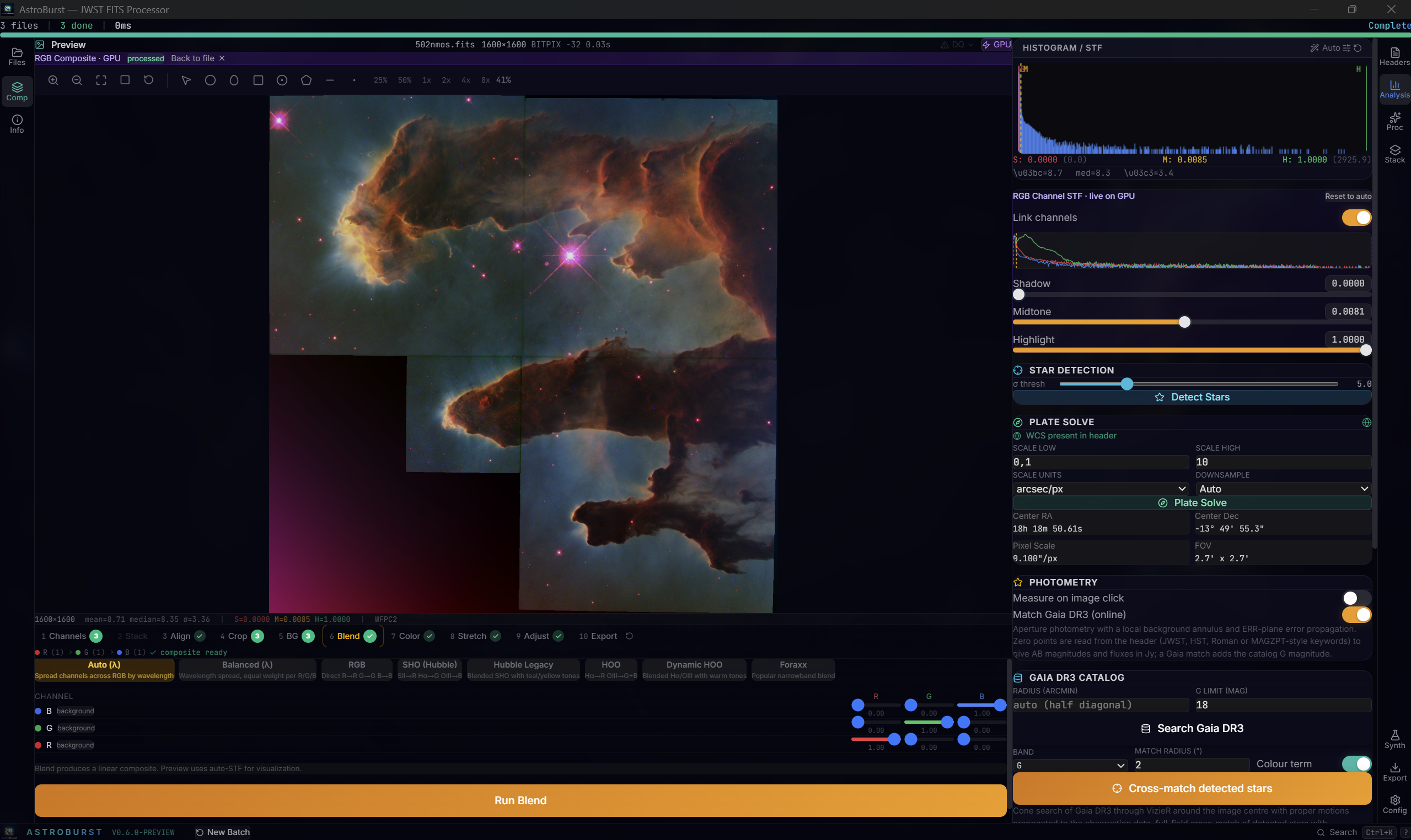 AstroBurst showing a finished composite of the Pillars of Creation, the blend presets of the compose wizard, the live per-channel STF on the GPU and the analysis panel with the plate solution and the Gaia catalog