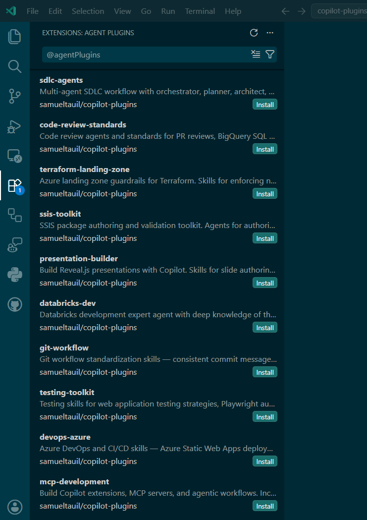 Agent Plugins view showing plugins from the copilot-plugins marketplace