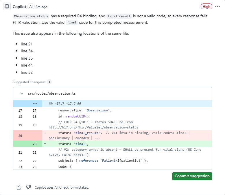 GitHub Copilot code review comments on the Observation pull request, flagging the invalid status binding, the missing category, and the incomplete valueQuantity
