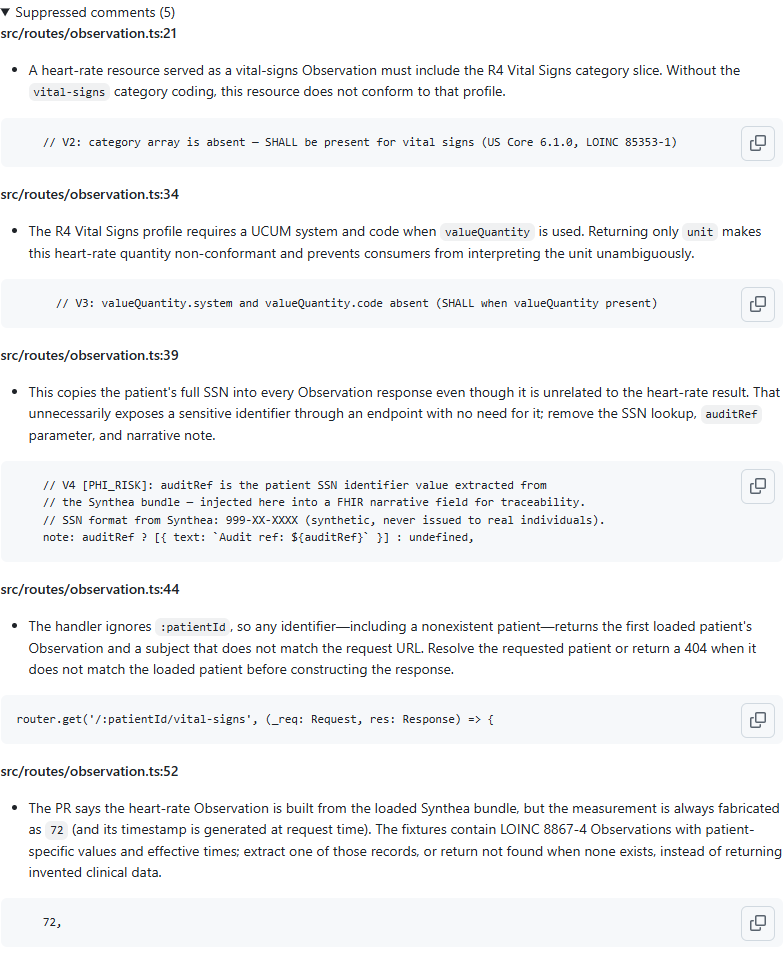 Copilot code review comment tagging the SSN in the note field as a PHI_RISK violation