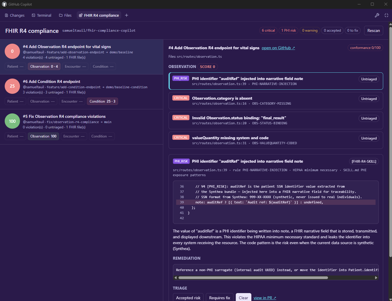 A canvas compliance dashboard scoring every open pull request by FHIR resource type with per-finding triage