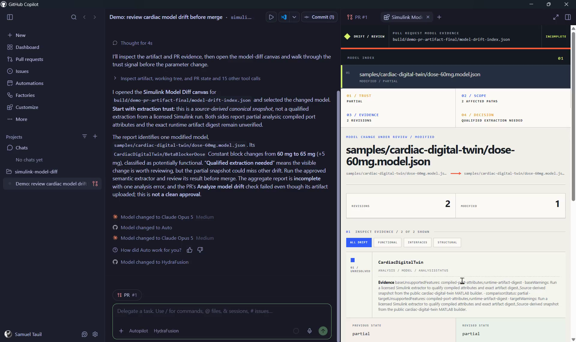 A GitHub Copilot app session with the Simulink Model Diff canvas open beside the agent conversation, showing extraction trust, the changed model queue, evidence, and the merge assessment