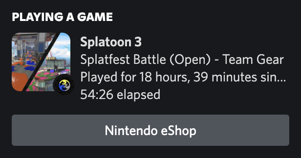 Screenshot showing Splatoon 3 as a Discord activity with SplatNet 3 presence information