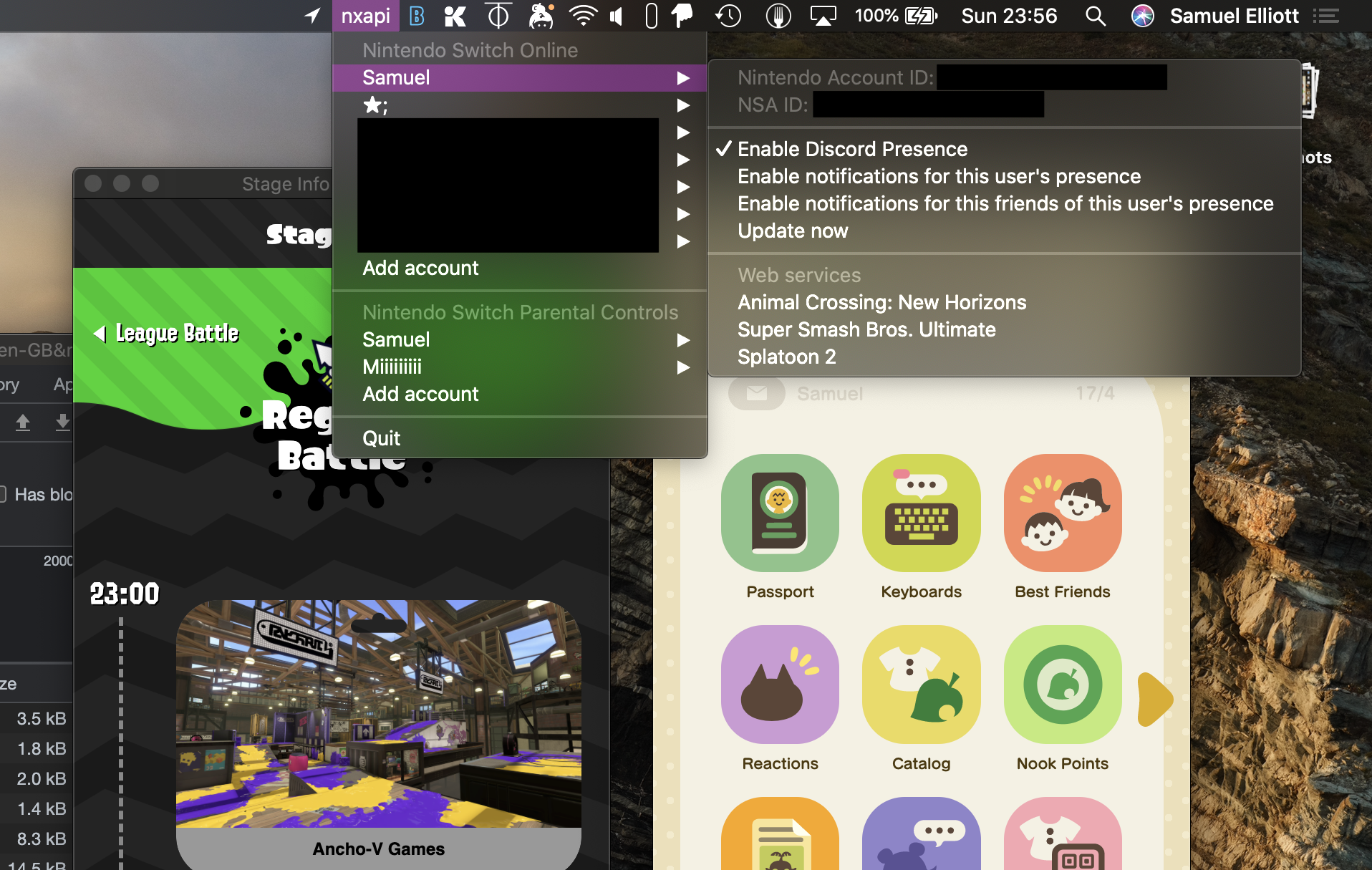 Screenshot of the menu bar app with SplatNet 2 and NookLink open in the background