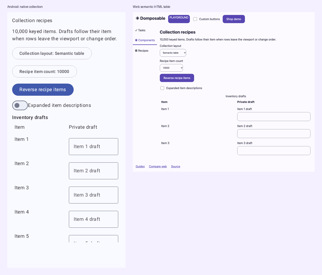 The same shared table on Android and the web