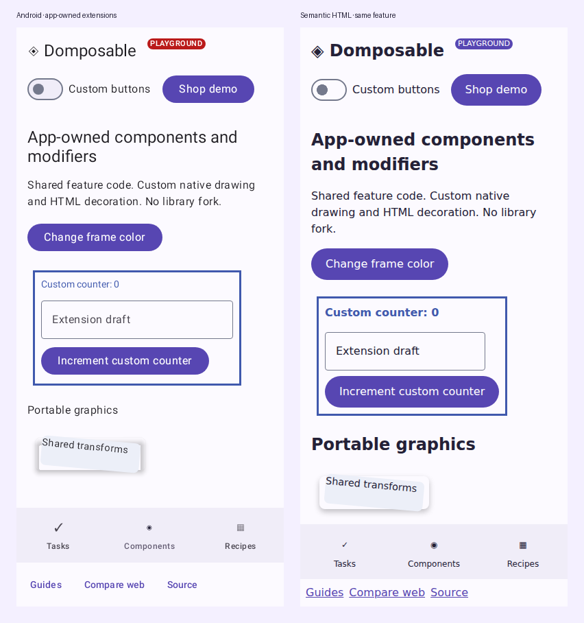 App-owned components and modifier decoration on Android and semantic HTML