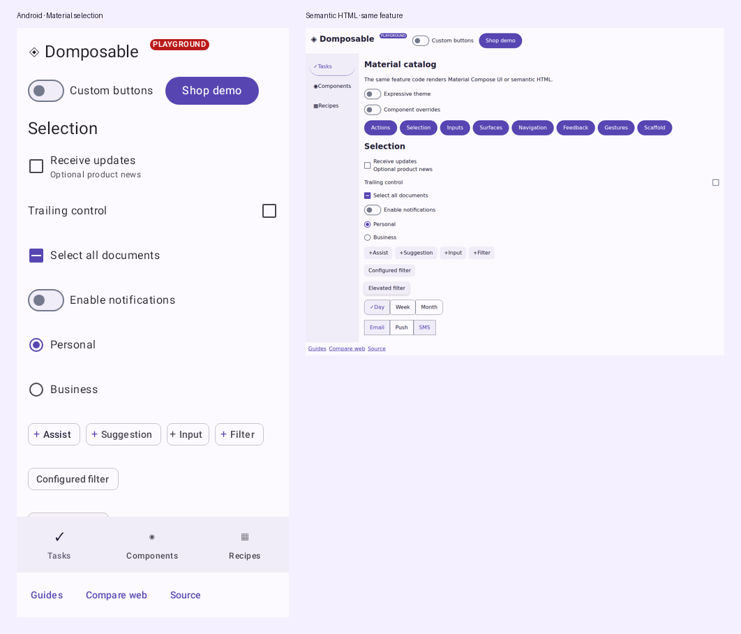 Material selection controls on Android and semantic HTML