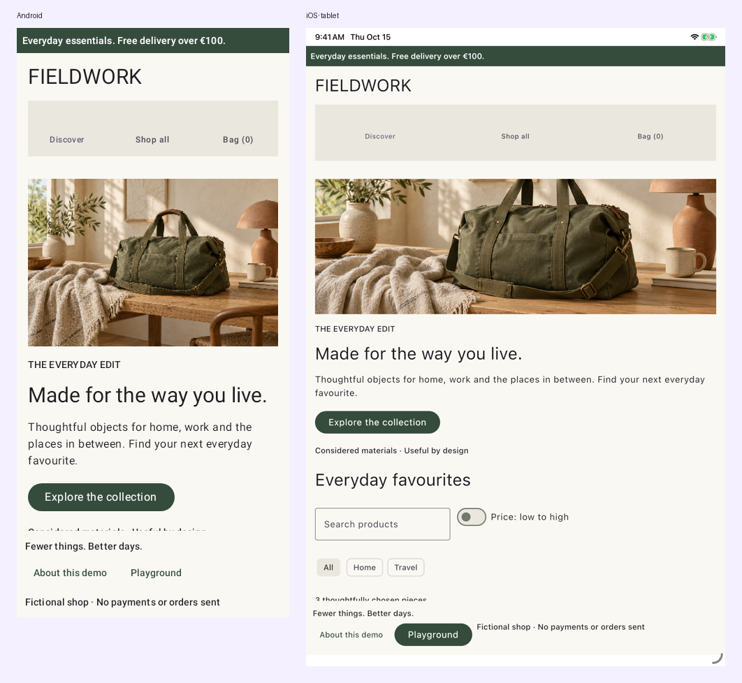 The same Fieldwork storefront on Android and iOS