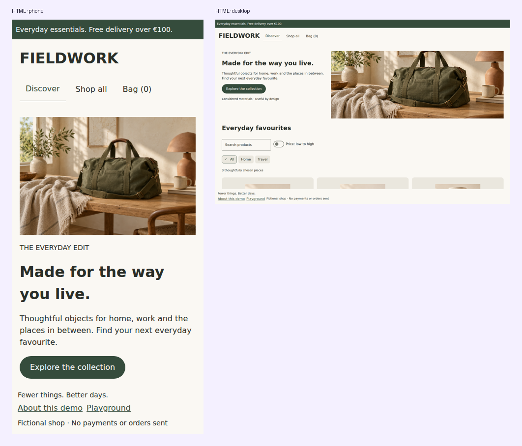Fieldwork storefront at desktop and mobile browser widths