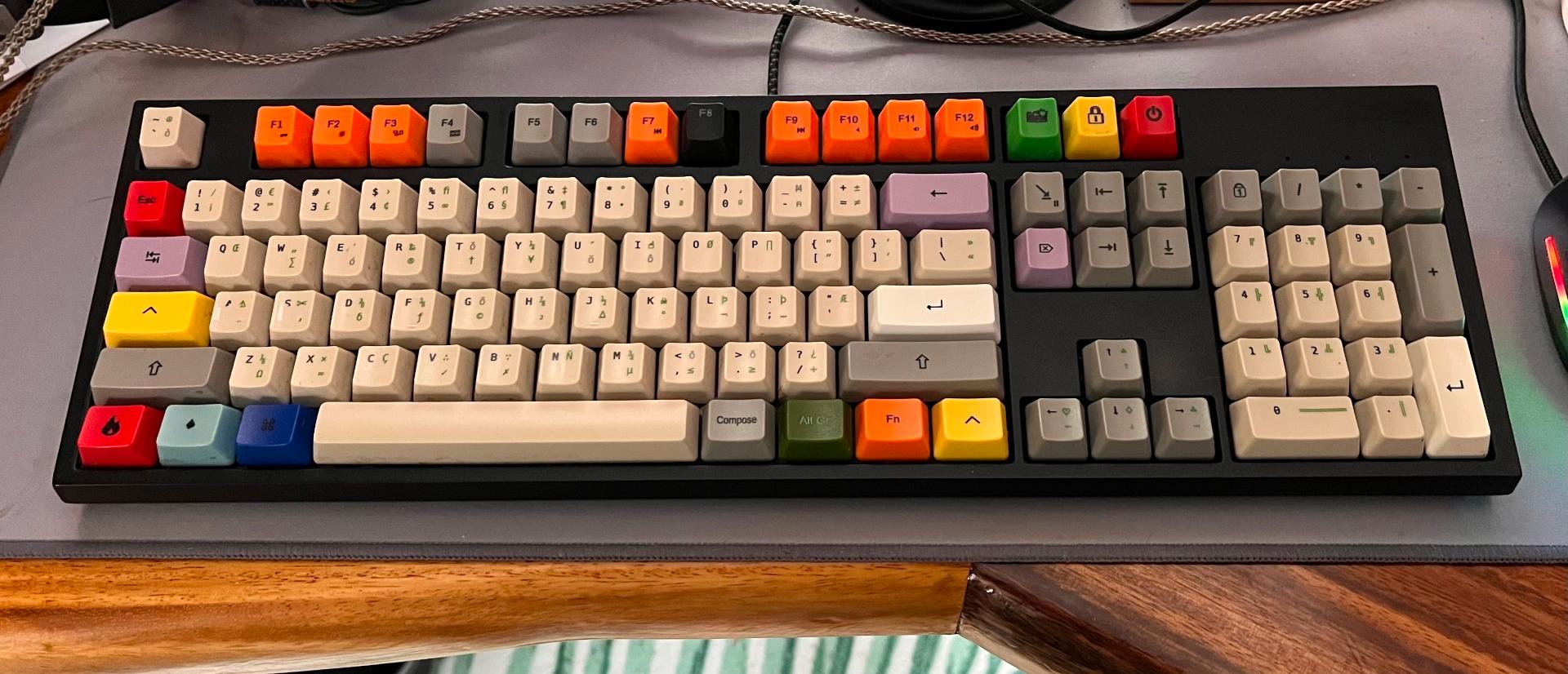 A picture of a 104-key keyboard with a colorful set of key caps, with the main set of letters having up to 4 symbols shown, the unusual ones in green, the same color as the "Alternate Group" (AltGr) key