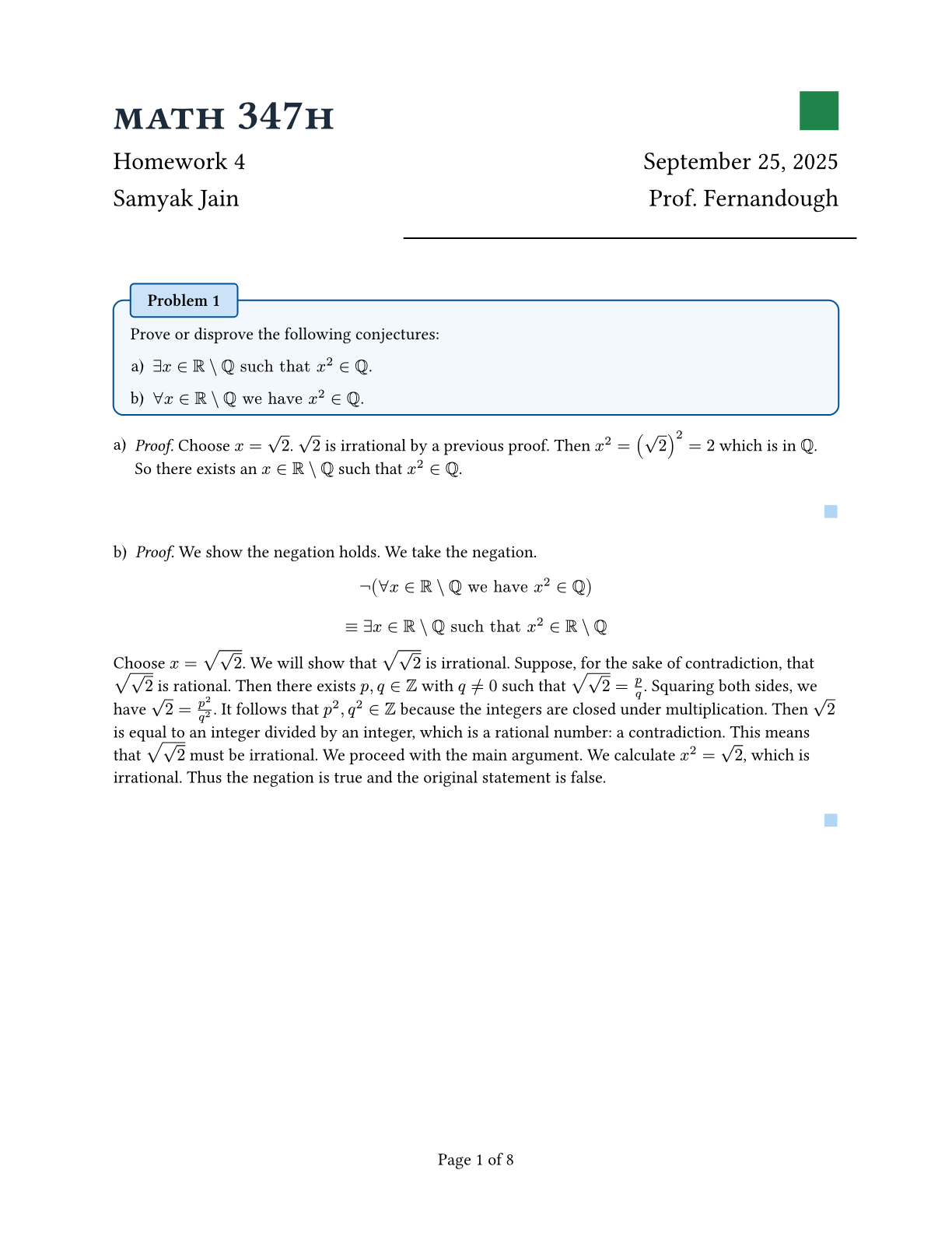 Front page of a math homework set with title, author, and problem boxes
