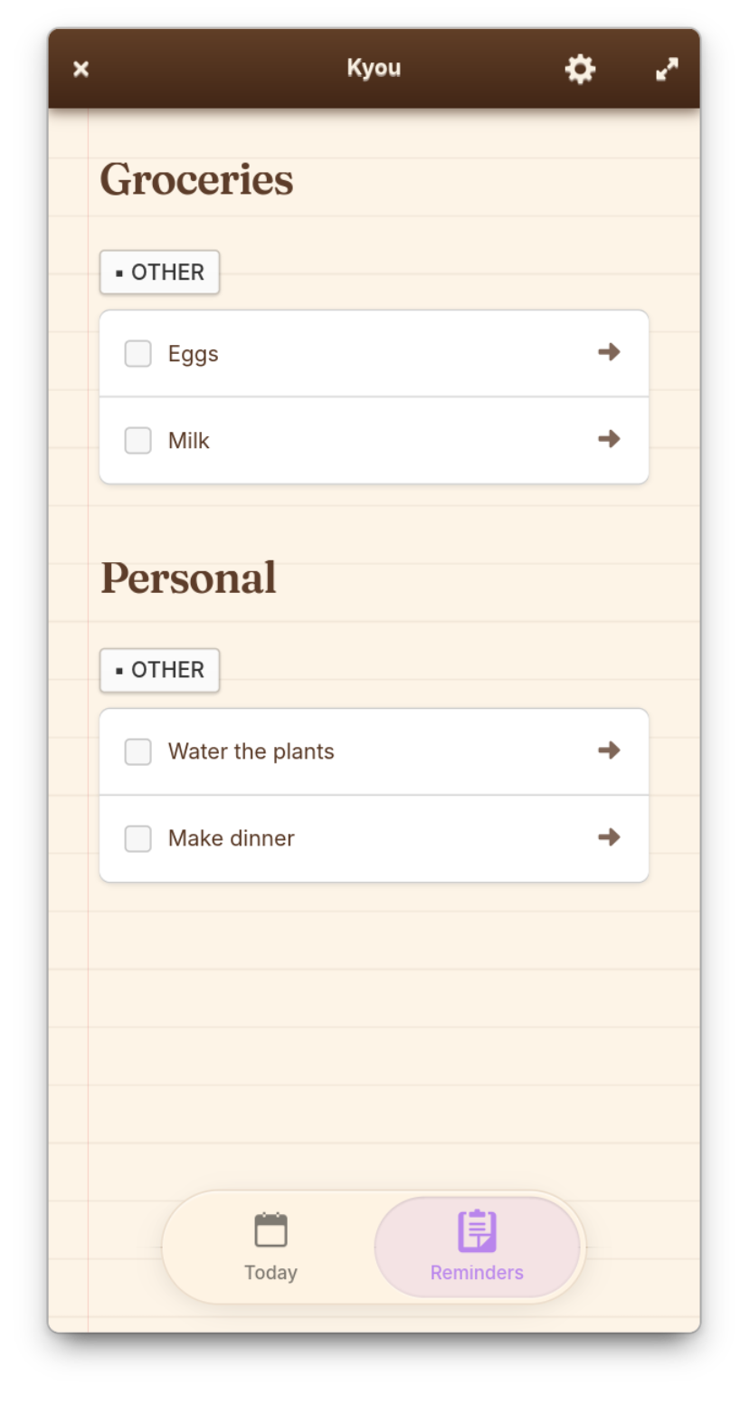 Kyou reminders view