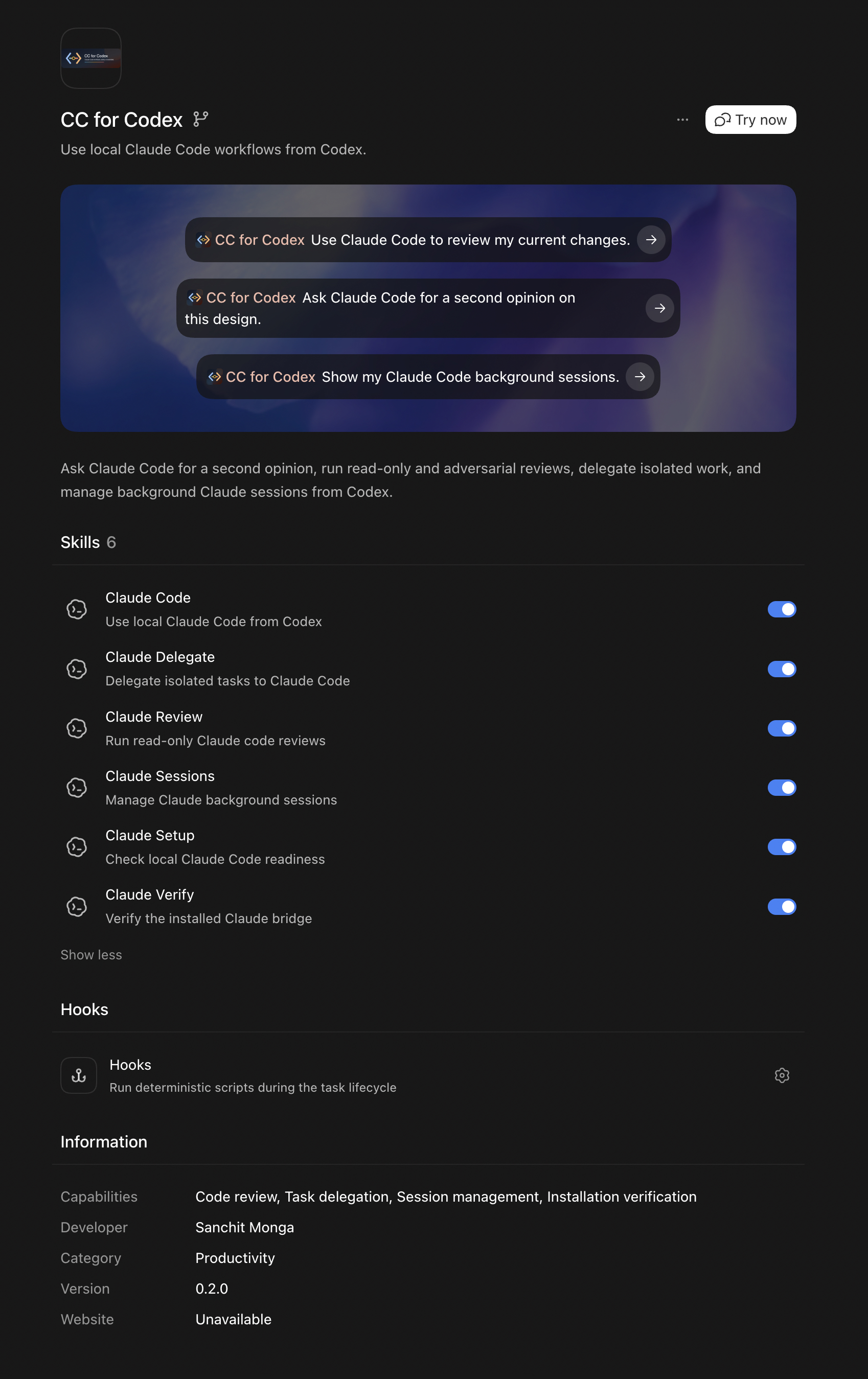 User-provided plugin browser screenshot showing the six CC for Codex skills and optional hook; captured before the branding refresh
