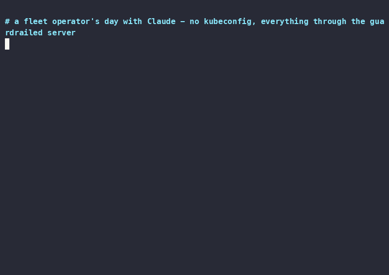 A fleet operator's day with Claude, recorded live: pip install ocm-mcp-server, claude mcp add showing the server connected, a one-question fleet inventory with add-on health, placement reasoning, a privileged latest-tag deploy refused by the guardrails, a compliant proposal signed by a human with an Ed25519 token, applied and verified by Claude, and the day reconstructed from the audit trail