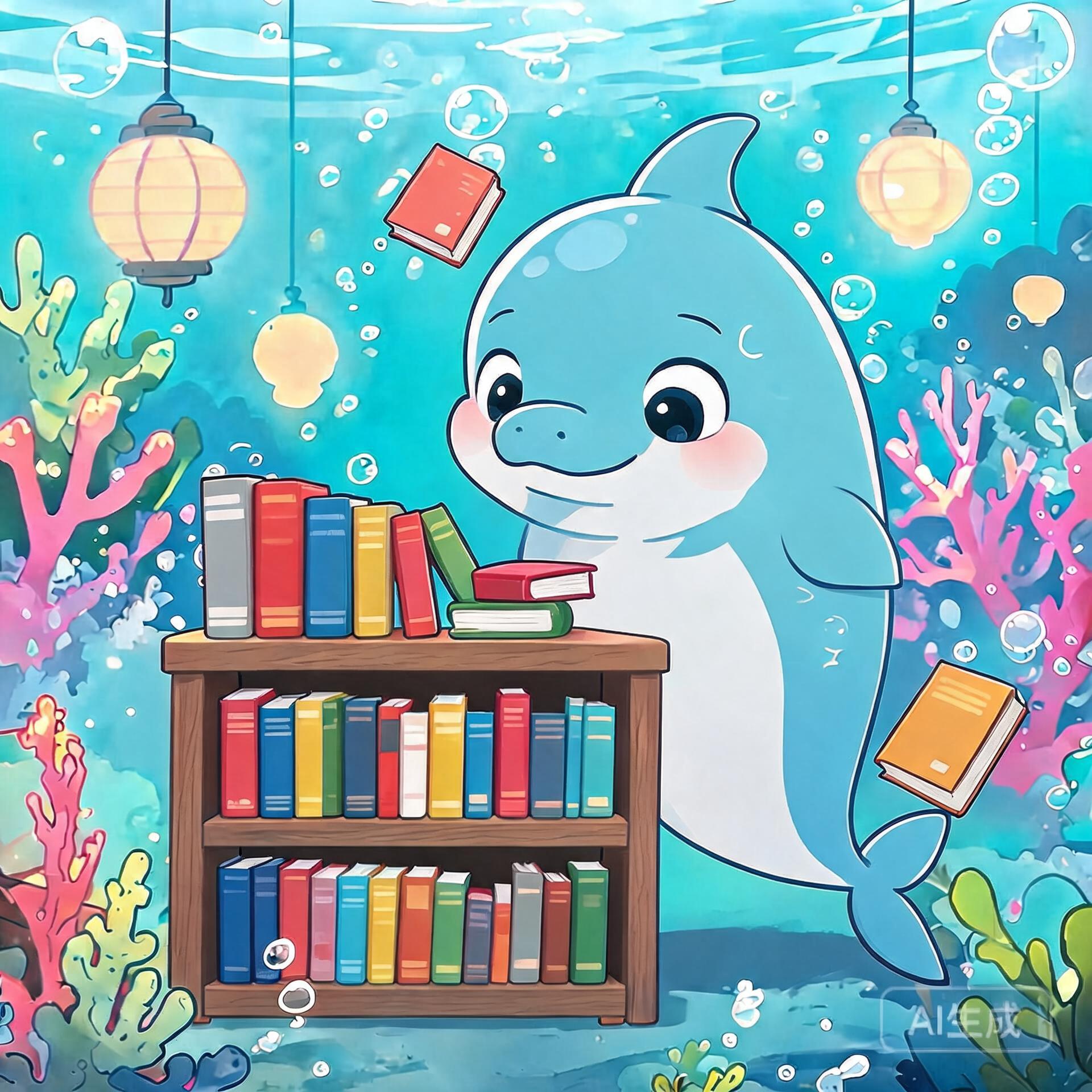 A cartoon dolphin in front of a bookshelf, busy at a keyboard