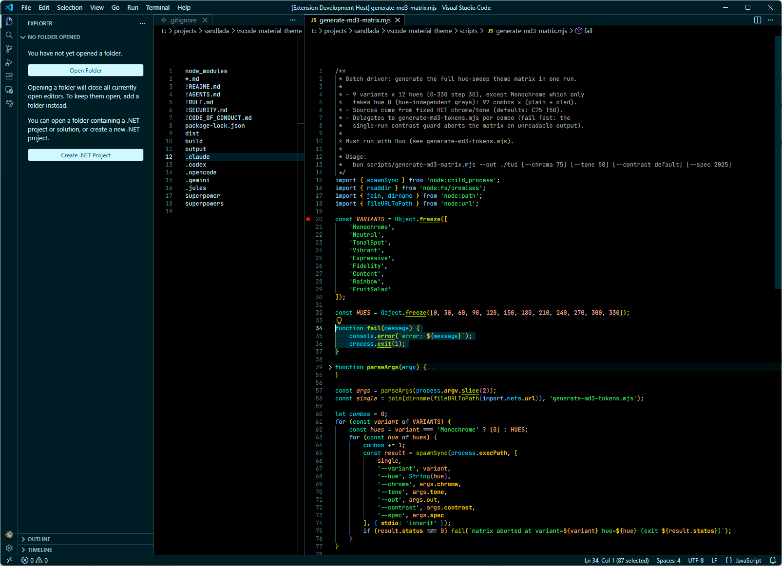 MD3:Expressive 210 Dark OLED — JS editor, pitch-black surface