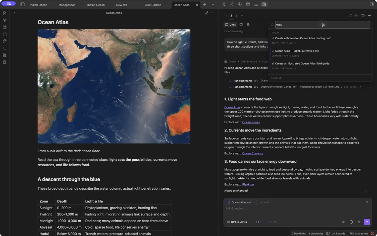 History search showing three Ocean Atlas conversations, their models, and title-origin markers