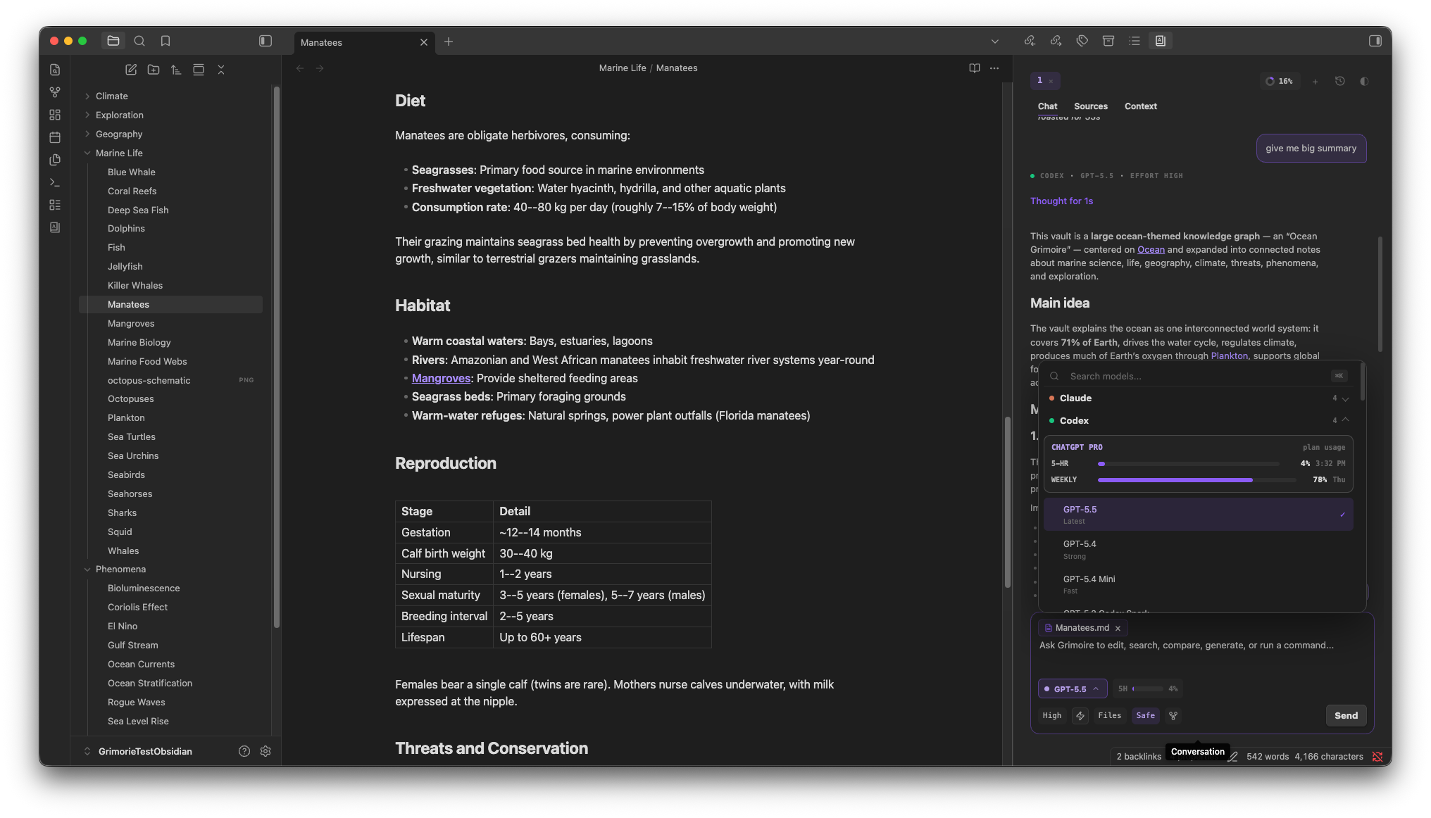 Grimoire model selector showing provider groups, model search, and plan usage