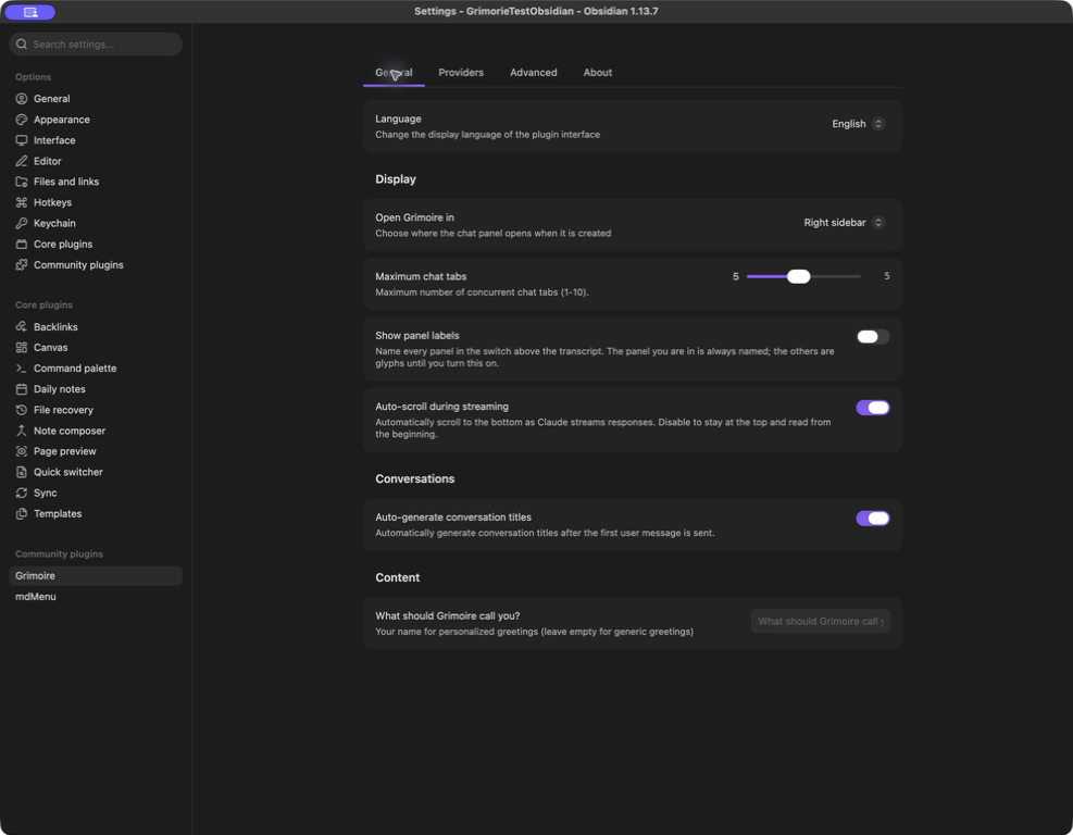 General settings for language, panel placement, chat tabs, labels, scrolling, and conversation titles