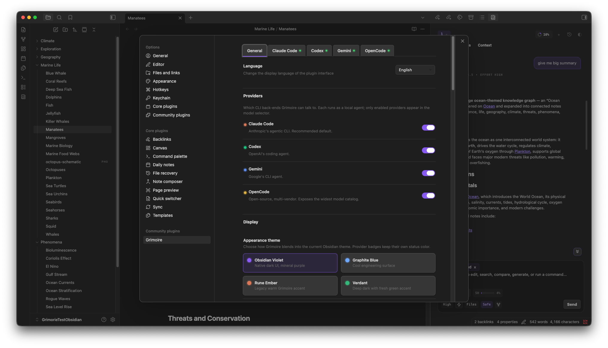 Grimoire settings showing provider toggles, provider tabs, and appearance themes