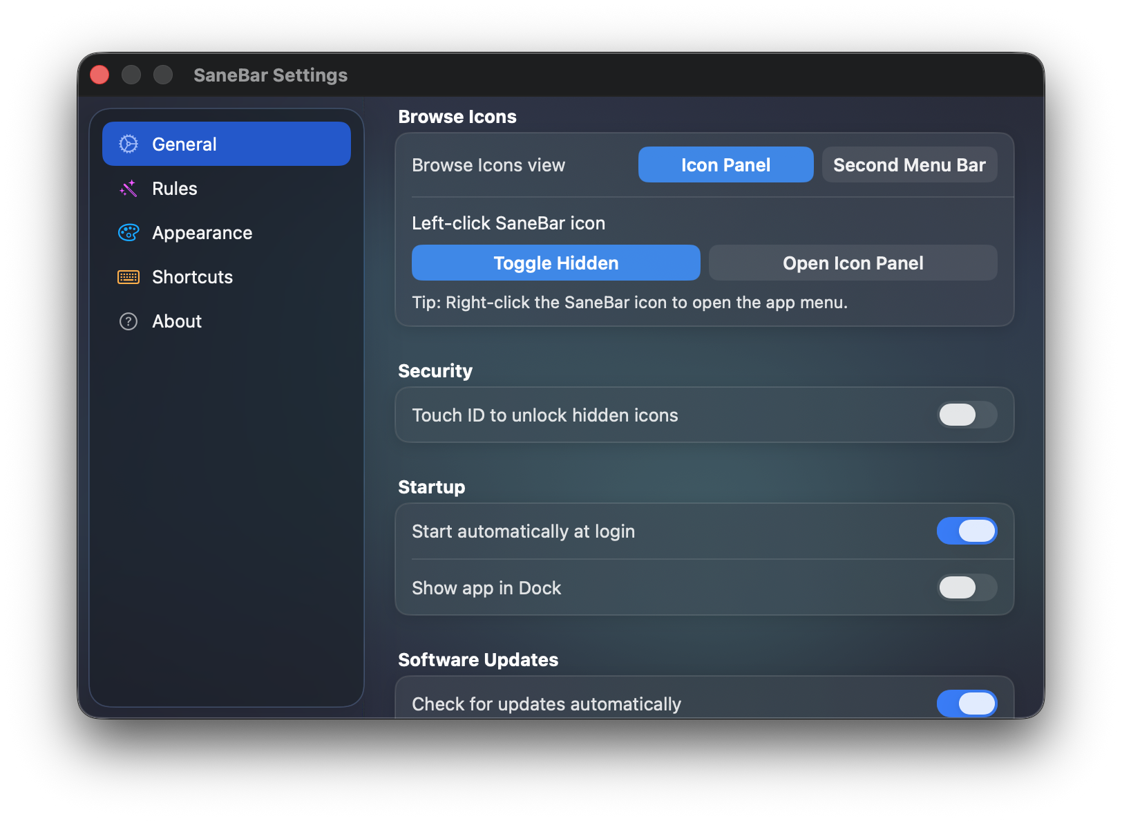 SaneBar Browse Settings