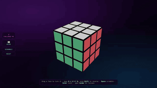A full challenge run: timer, solve, confetti, leaderboard