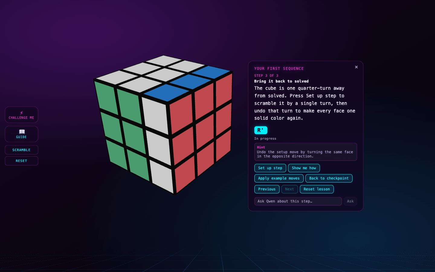 The lesson runner with hints and checkpoints