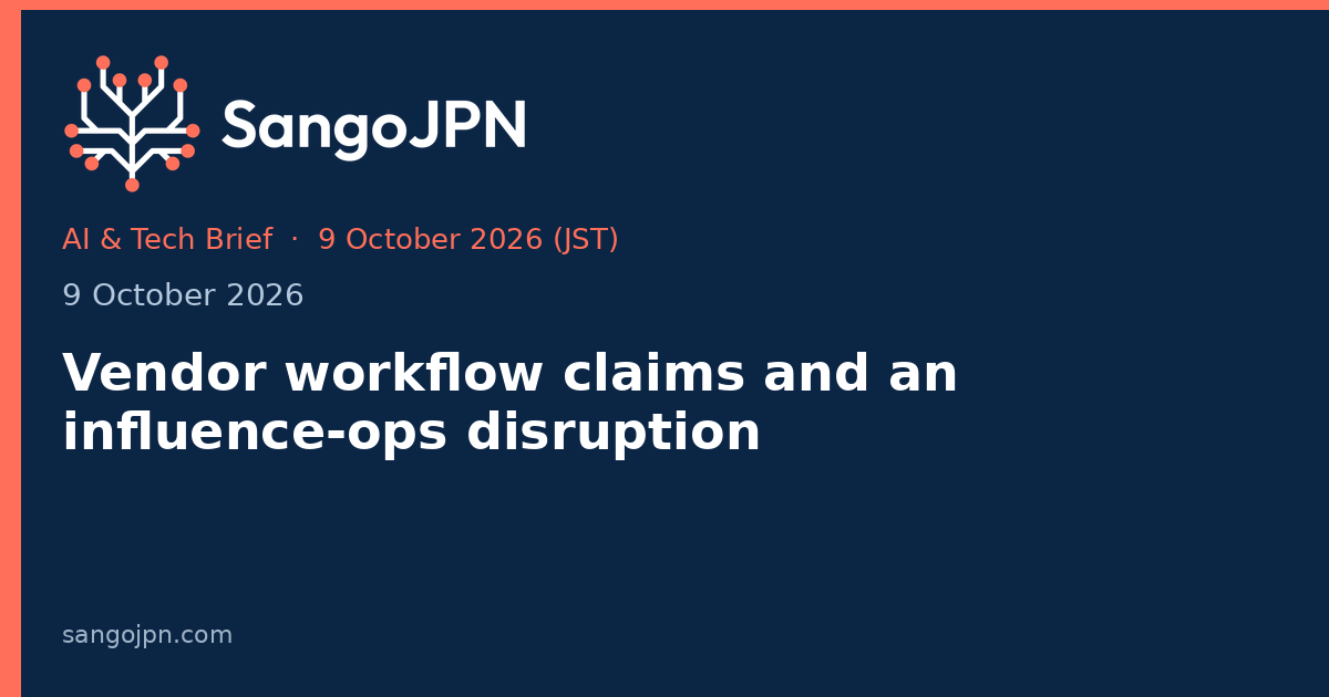 AI & Tech Brief — 9 October 2026: Vendor workflow claims and an influence-ops disruption