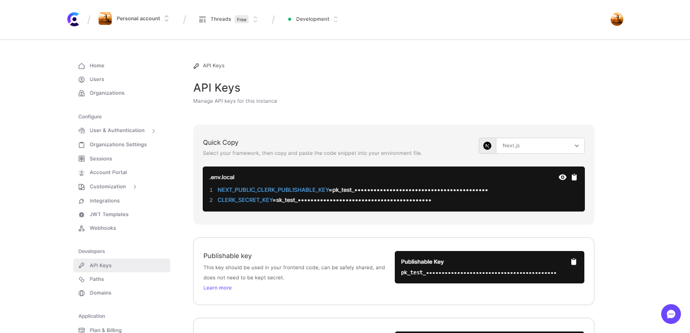 Copy Clerk Secret and Publishable Key